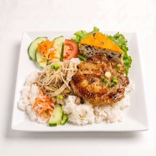56. Grilled Pork Chop, Shredded Pork, Baked Egg Loaf on Broken Rice Plate