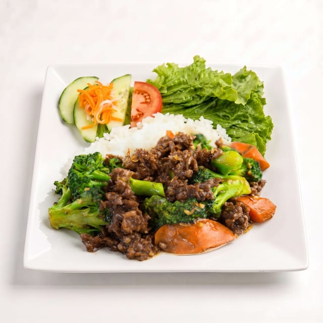 61. Beef and Broccoli on Rice Plate.