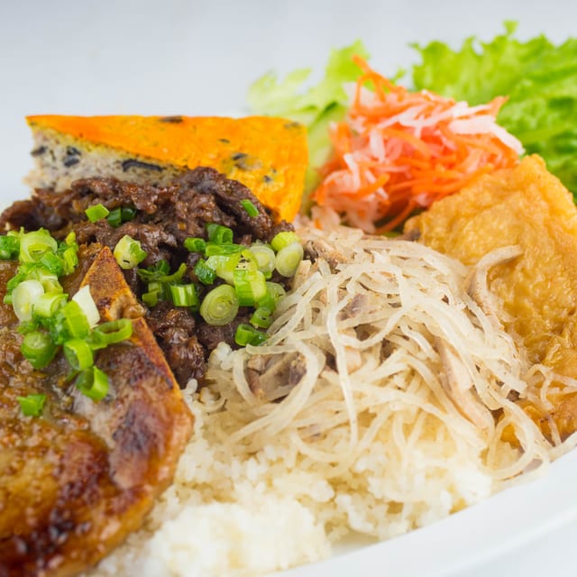 58. House Special on Broken Rice Plate (Pork Chop, Beef, Shredded Pork, Baked Egg Loaf & Shrimp Wrapped).