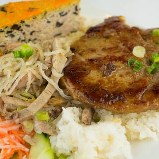 56. Grilled Pork Chop, Shredded Pork, Baked Egg Loaf on Broken Rice Plate