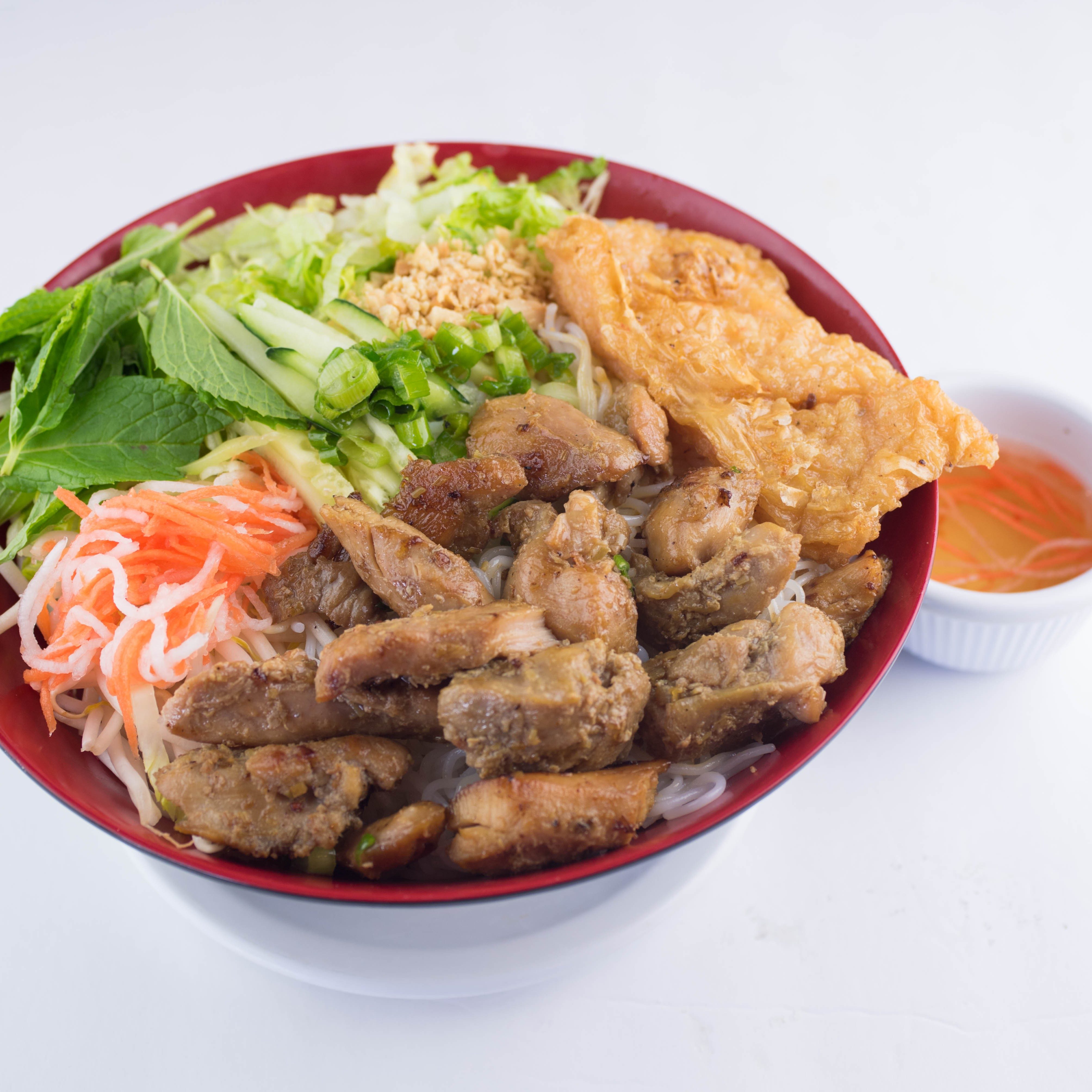 72. Grilled Chicken & Shrimp Wrapped on Vermicelli.
