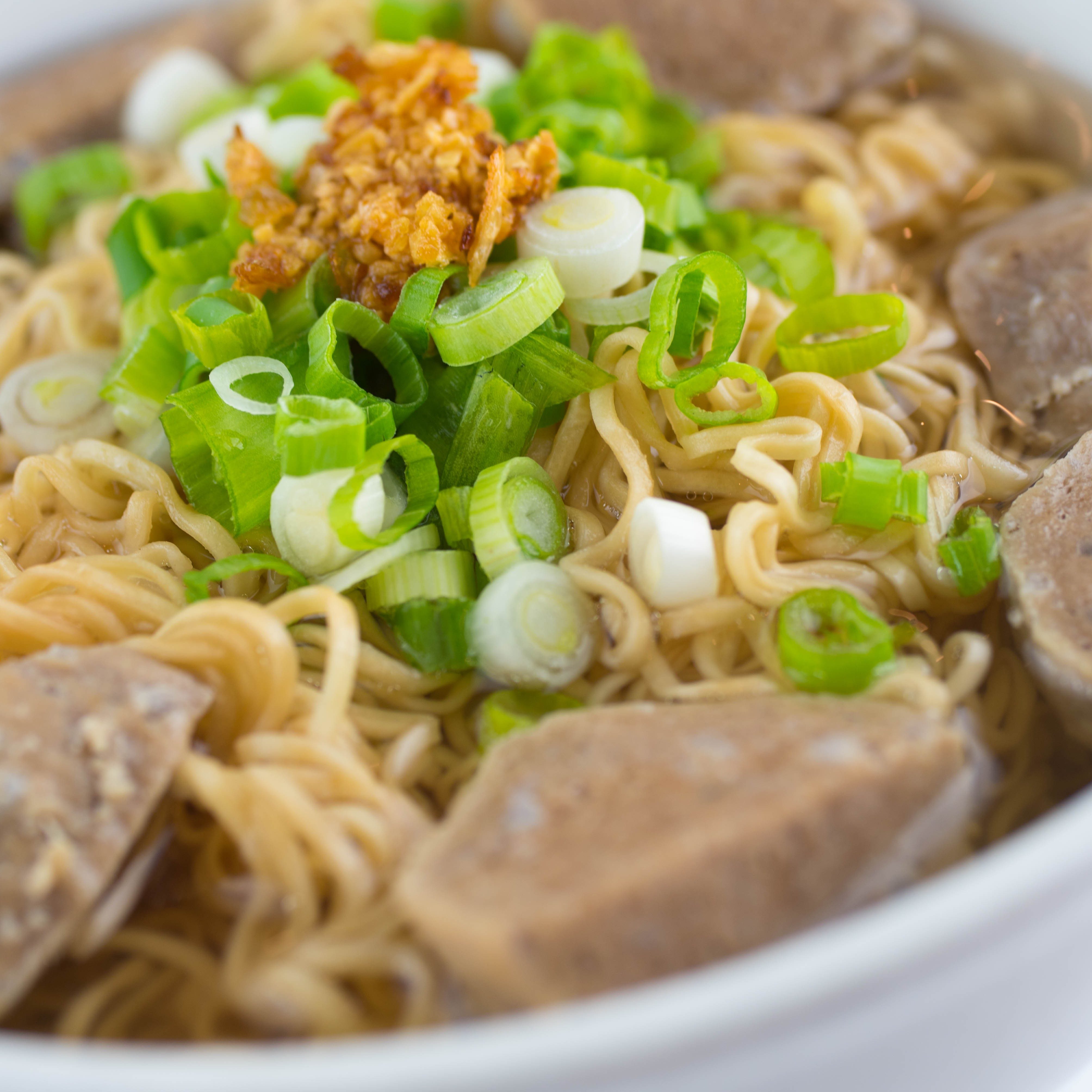Street Style Meat Balls Fried Noodle Soup.